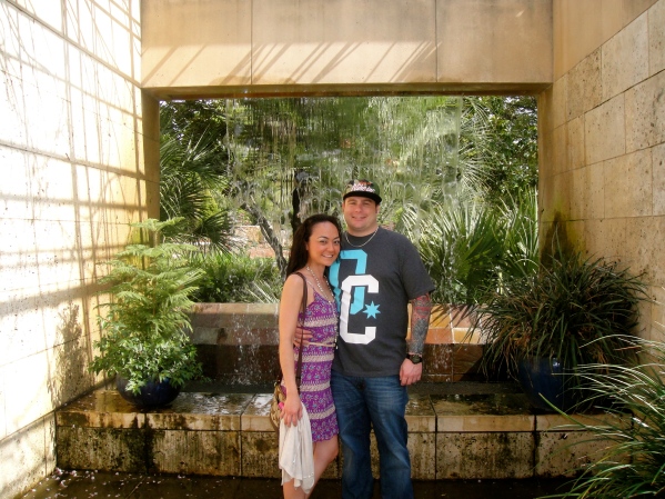 derek and i in front of a water wall. 